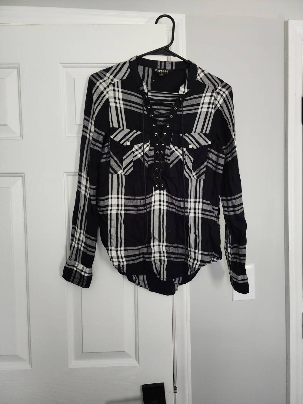 Express Black & White Plaid Lace-Up Shirt